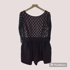 Eliza J Dress Women 14P Black Dots Mesh Body Fit & Flare 3/4 sleeve $125 No Flaw